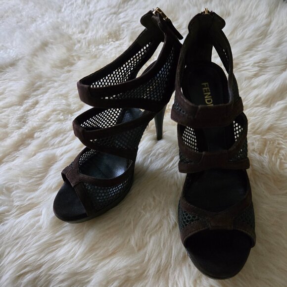 Fendi Sandalo Camoscio Rete Nylon Suede Mesh Heels Brown SZ 36.5 (6.5) - Picture 1 of 14